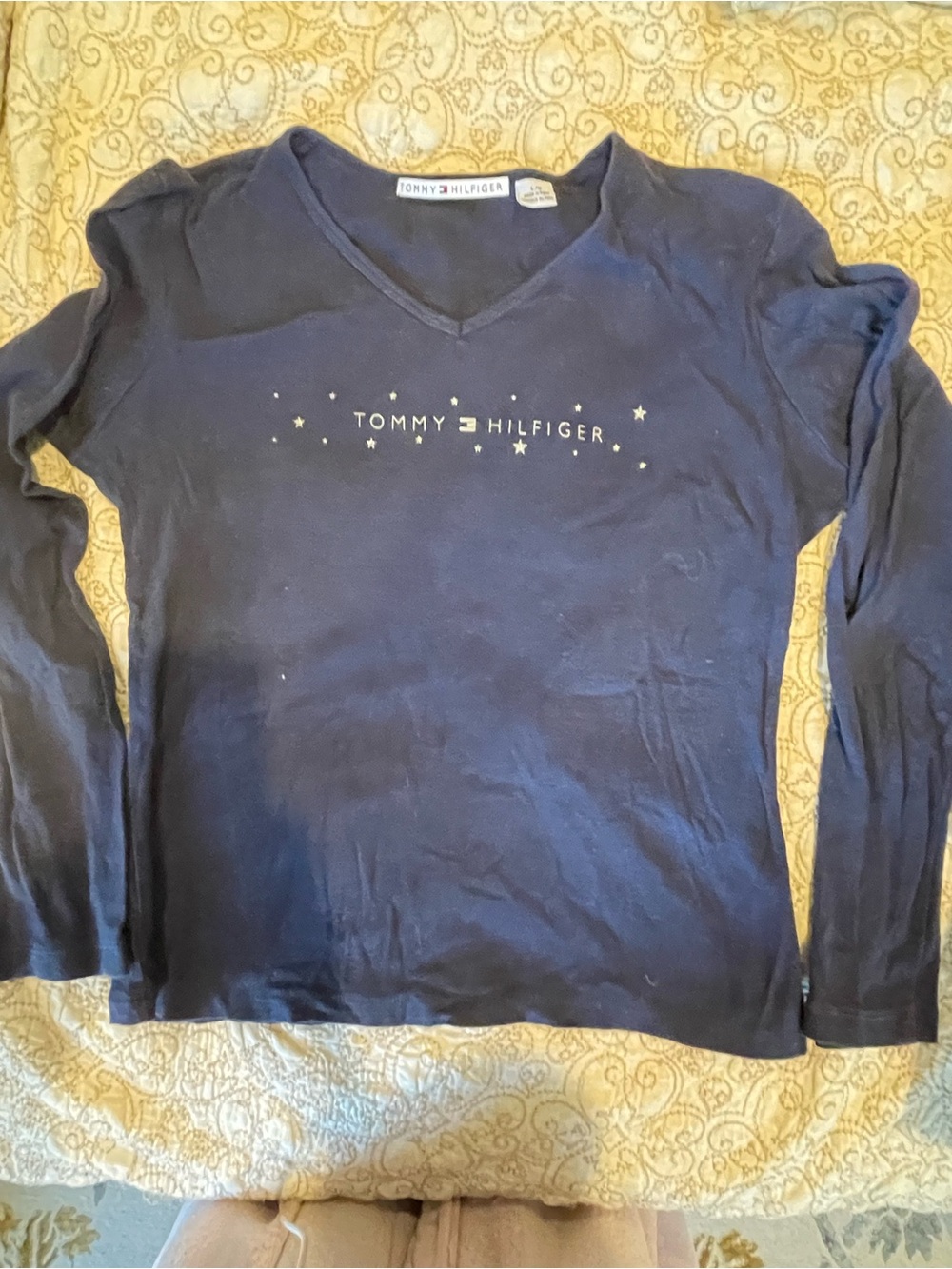 Tommy Hilfiger Navy V‑Neck Top with Gold Logo Stars